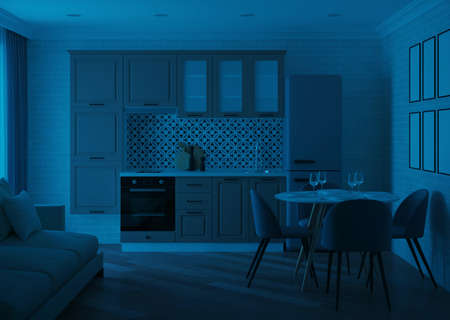 Modern kitchen interior. Night. Evening lighting. 3D rendering.の写真素材