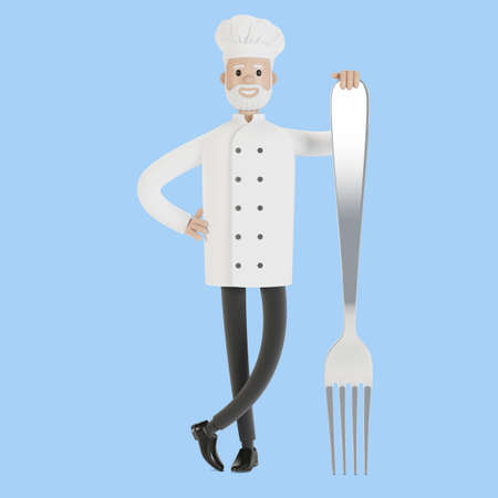Chef with a large fork. 3D illustration in cartoon style.の写真素材