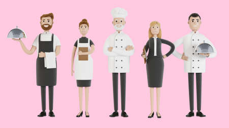 Restaurant staff: chef, cook, assistant, manager, waiter. Catering professionals in uniform. 3D illustration in cartoon style.の写真素材