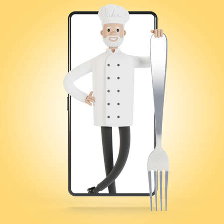 Chef at the smartphone screen. Online cooking courses, proper cooking. Delivery from the restaurant 3D illustration in cartoon style.の写真素材