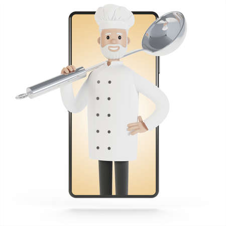 Chef at the smartphone screen. Online cooking courses, proper cooking. Delivery from the restaurant 3D illustration in cartoon style.の写真素材