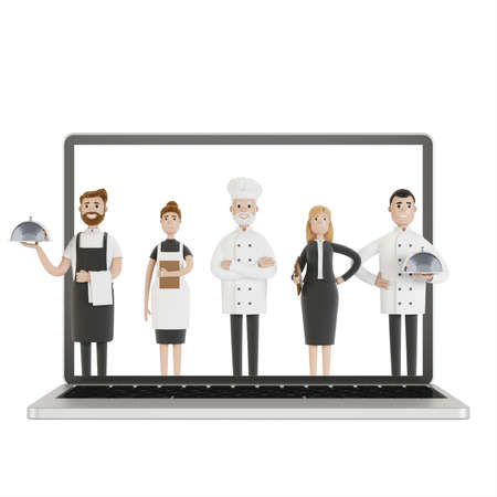 Restaurant staff team at the laptop screen. Delivery from the restaurant 3D illustration in cartoon...
