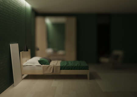 Modern bedroom interior. Emerald color in the interior. Night. Evening lighting. 3D rendering.の写真素材