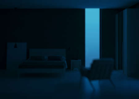 Modern bedroom interior. Emerald color in the interior. Night. Evening lighting. 3D rendering.