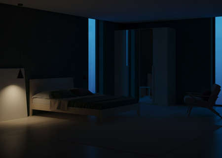 Modern bedroom interior. Emerald color in the interior. Night. Evening lighting. 3D rendering.
