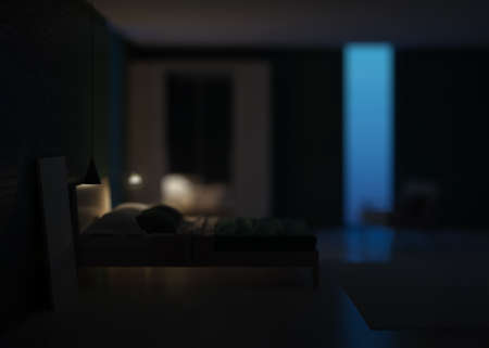 Modern bedroom interior. Emerald color in the interior. Night. Evening lighting. 3D rendering.の写真素材