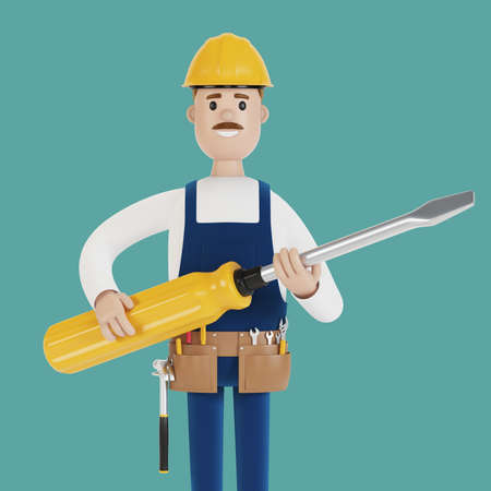 Electrician builder with a large screwdriver in his hands. 3D illustration in cartoon style.