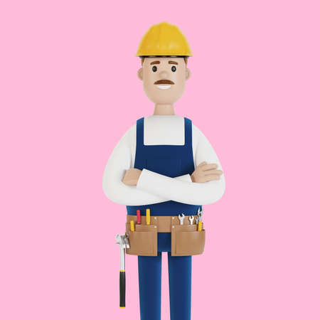 The builder in a helmet and with tools. Construction worker. 3D illustration in cartoon style.の写真素材