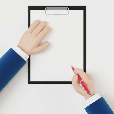 A man signs a document, an agreement. Signing a contract. Hand holding a pen. 3D illustration in cartoon style.の写真素材