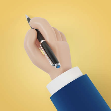 A man signs a document, an agreement. Signing a contract. Hand holding a pen. 3D illustration in cartoon style.の写真素材