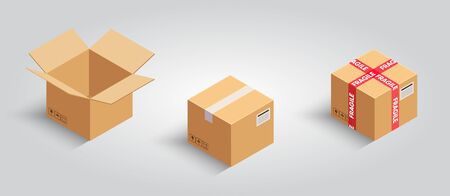Set of cardboard boxes. Realistic carton box. Board with fragile duct tape. Frail delivery sign. Delicate package. Frangible or brittle pack. moving sign. Post mockup. Vector illustration.のイラスト素材