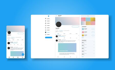Social media network. Ui Ux web responsive template of tweeter account. Mobile social media app and...