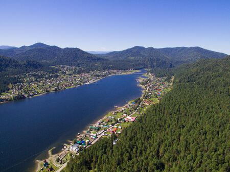 Lake Teletskoye, Altai Republic, Russia, from droneの写真素材