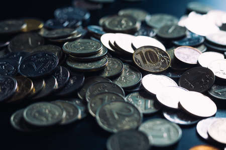 Russian Ruble currency coins on dark  backgroundの写真素材