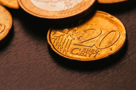 european coins on wooden and blurred backgroundの写真素材