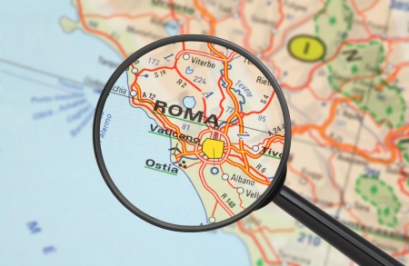 Tourist conceptual image  Destination - Rome  with magnifying glass の写真素材