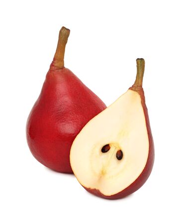 One whole and a half ripe red pears isolated on white backgroundの写真素材