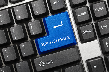 Close-up view on conceptual keyboard - Recruitment (blue key)の写真素材