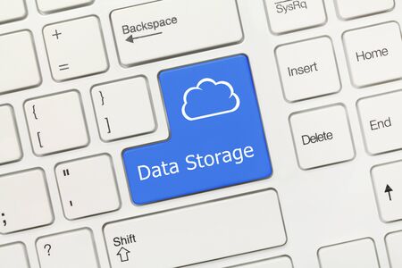 Close-up view on white conceptual keyboard - Data Storage (blue key with cloud symbol)の写真素材
