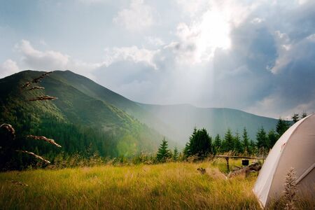 vacation in the mountains with a tentの写真素材