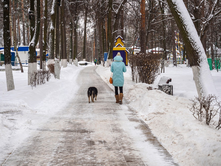 Young girl goes with a dog in the winter park.の写真素材