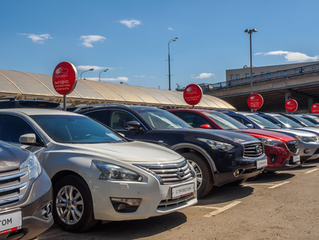 Used car parking for sale. Trade in cars. Russia, Moscow, May 2017.のeditorial素材