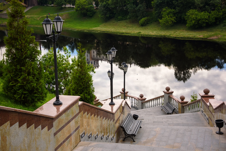 A stone staircase to the river in Vitebsk. Belarus, June 2017.の写真素材