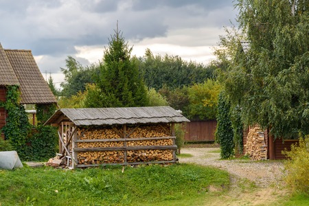 Pile of birch firewood outdoors in summer