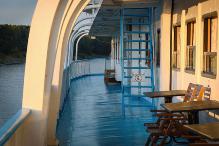 View of the passenger deck for rest and walks of passengers during a cruise on the old ship