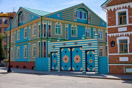 Russia, Kazan June 2019. Old wooden multi-color houses in the area "Tatarskaya Sloboda" in Kazan.の写真素材