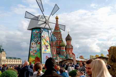 Russia, Moscow, October 2019. View of the decorative mill and St. Basil's Cathedral on Red Square in Moscow on a harvest festival.のeditorial素材