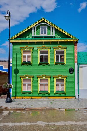 Russia, Kazan June 2019. Old wooden multi-color houses in the area "Tatarskaya Sloboda" in Kazan.のeditorial素材