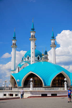 Russia, Kazan June 2019. Kul Sharif mosque in Kazan Kremlin. Beautiful white mosque with blue domes. Historical, cultural, religious and tourist attraction of Russia.のeditorial素材