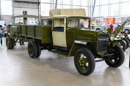 Russia, Moscow, March 8, 2020.  Exhibition of vintage cars. Old Soviet military truck.