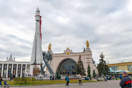 Russia, Moscow, October 2019 Exhibition pavilion "Cosmos" and rocket "Vostok" at VDNH. A popular tourist attraction.のeditorial素材