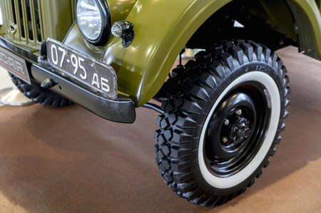 Russia, Moscow, March 8, 2020.  Exhibition of vintage cars.Old Soviet military SUV.のeditorial素材