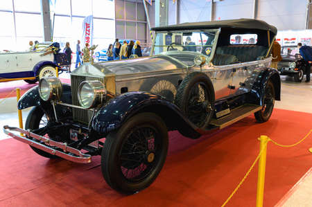 Russia, Moscow, March 8, 2020. Exhibition of vintage cars. Vintage Rolls Royce car at the exhibition.のeditorial素材