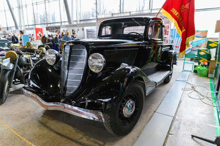 Russia, Moscow, March 8, 2020. Exhibition of vintage cars. Old Soviet limousine.のeditorial素材