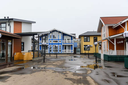 Moscow, Russia, February 2020. Exhibition sale of modern wooden houses.のeditorial素材