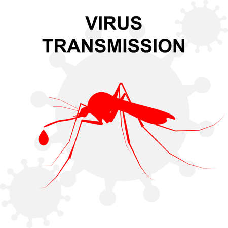 Red vector mosquito icon and viruses with drop of blood  isolated on white backgroundのイラスト素材