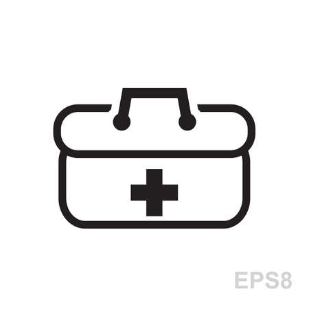 Doctors bag with cross, medical suitcase outline, medicine handbag vector illustration. First aid kit sign. Simple black icon isolated.のイラスト素材