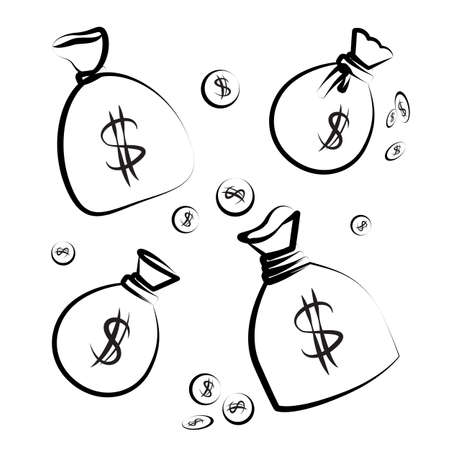 Money bag icon  set.  Hand drawn vector sack with money collection isolated on white backgroundのイラスト素材