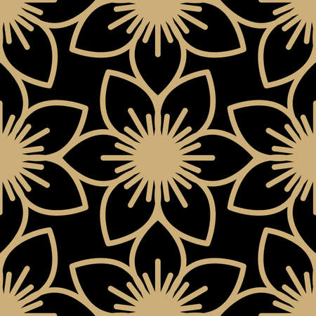 Luxury seamless pattern. Golden flowers on dark background. Elegant vector illustration for print,...