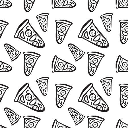 Trendy kid drawing black and white seamless vector pattern with hand drawn pizza slices. Simple background for fabric, wallpaper, wrapping paper and cards.のイラスト素材