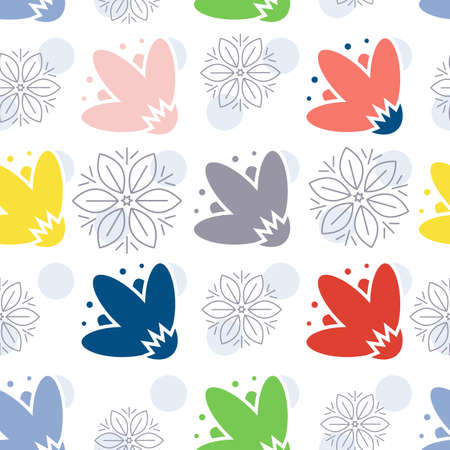 Seamless Repeating Background with Polka Dot and Red, Yellow, Blue Flowersのイラスト素材