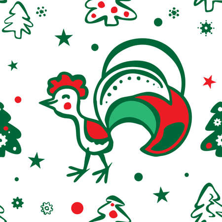 Colorful seamless pattern background with roosters. Symbol of 2017 year. Oriental happy new year illustration.のイラスト素材