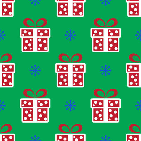 Vector colorful Christmas gift boxes. Holiday present seamless pattern on green background.のイラスト素材