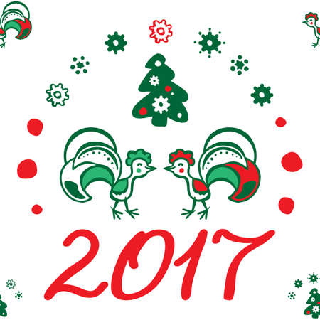 Colorful seamless pattern background with roosters. Symbol of 2017 year. Oriental happy new year illustration.のイラスト素材