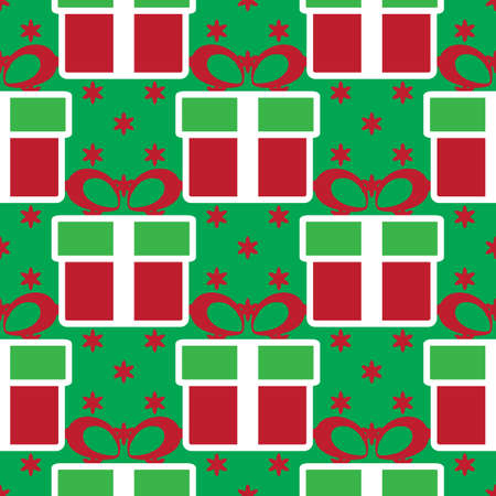 Vector colorful Christmas gift boxes. Holiday present seamless pattern on green background.のイラスト素材