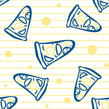 Seamless pattern of italian pizza with salami, pepperoni, basil and tomatoes on striped background in pop art styleのイラスト素材